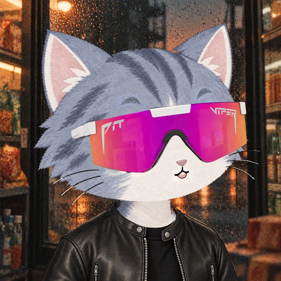 Stonk Cats #0004: Blue-grey tabby with blep expression, wearing Jensen Huang leather jacket, Pit Vipers worn.
