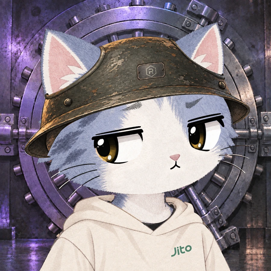 Stonk Cats #0042: Blue-grey and white with side-eye expression, wearing Jito printed hoodie, RAYCAT soldier helmet.