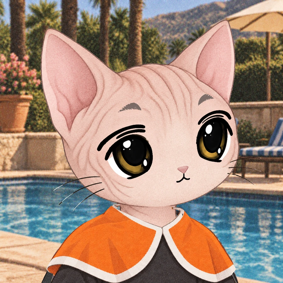 Stonk Cats #0324: Hairless with neutral expression, wearing Orange cape with white edging.