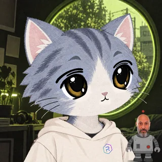 Stonk Cats #0059: Blue-grey tabby, Raydium printed hoodie, TolyBot bottom right.