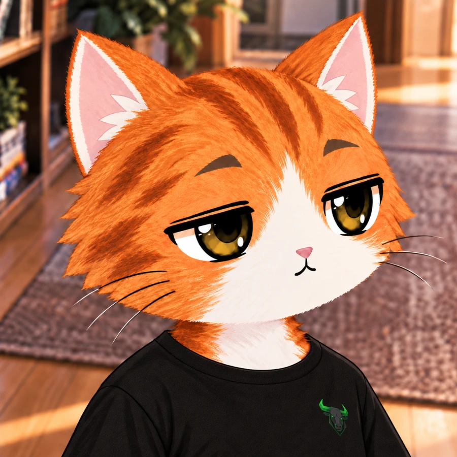 ansem's orange-and-white tabby Hobbes in a black shirt with a small green bull emblem