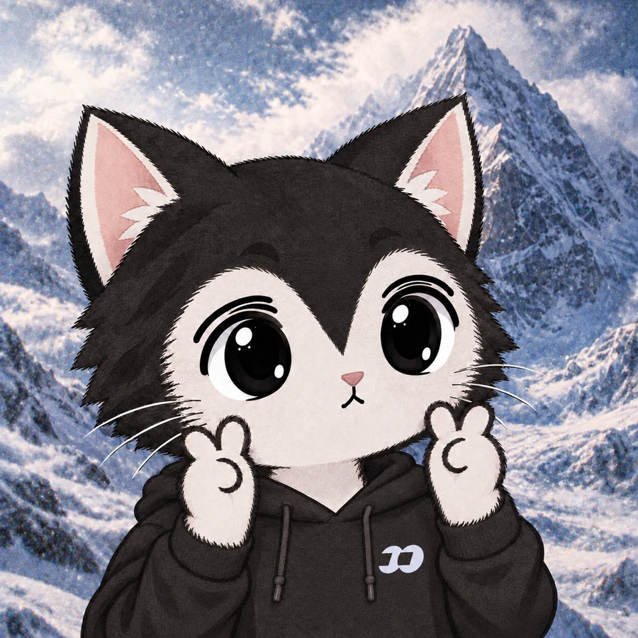 Pingu black-and-white Stonk Cat with glossy black eyes and raised peace-sign paws, wearing a charcoal hoodie with a small FOMO logo over the heart against a snowy mountain